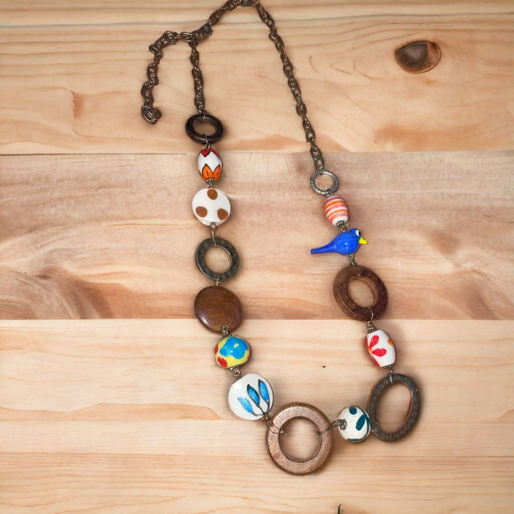 Boho Chunky Wooden Painted Ceramic Beaded Statement Necklace with Bird Bead